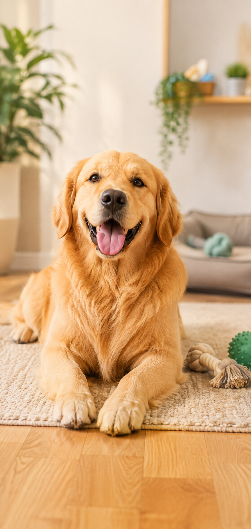 Golden retriever resting on a light rug