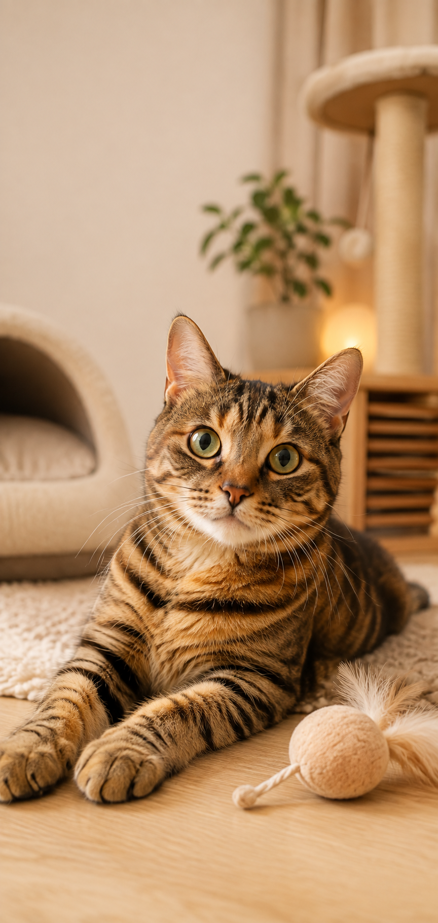 Bengal cat lying on a rug next to a cat toy