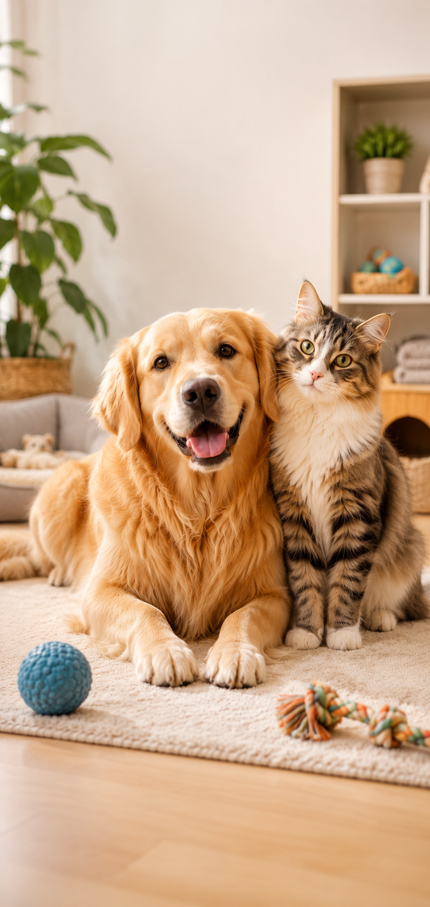 Dog and cat sitting together on a rug surrounded by pet toys