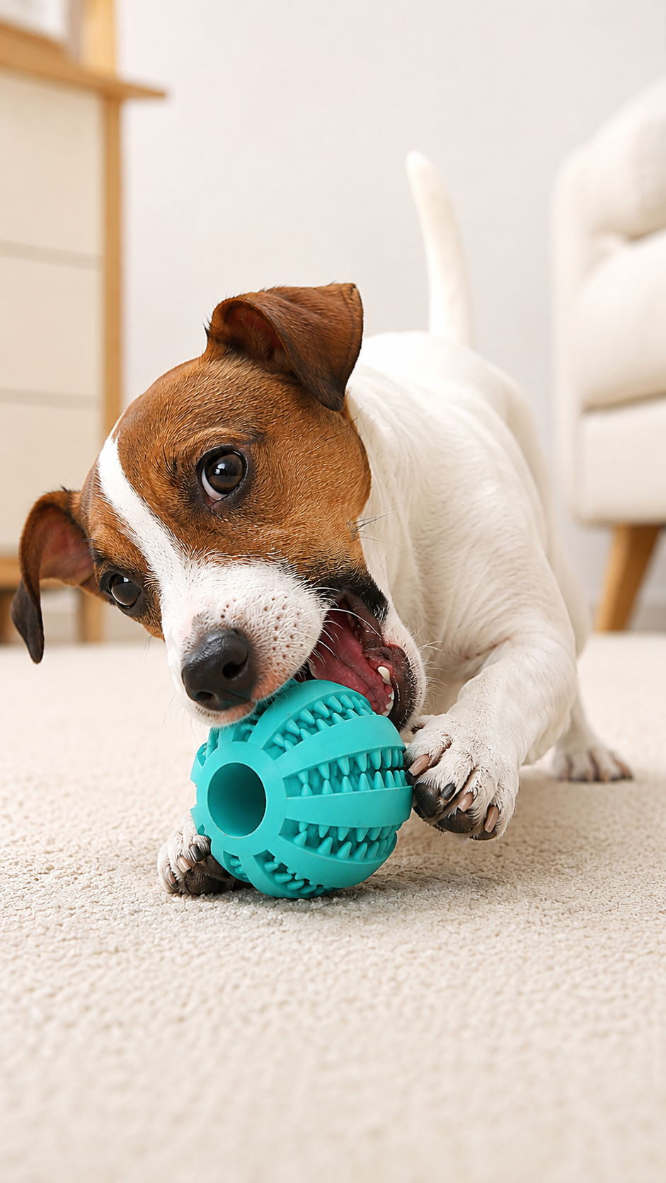 Small dog chewing a textured rubber play ball on a rug