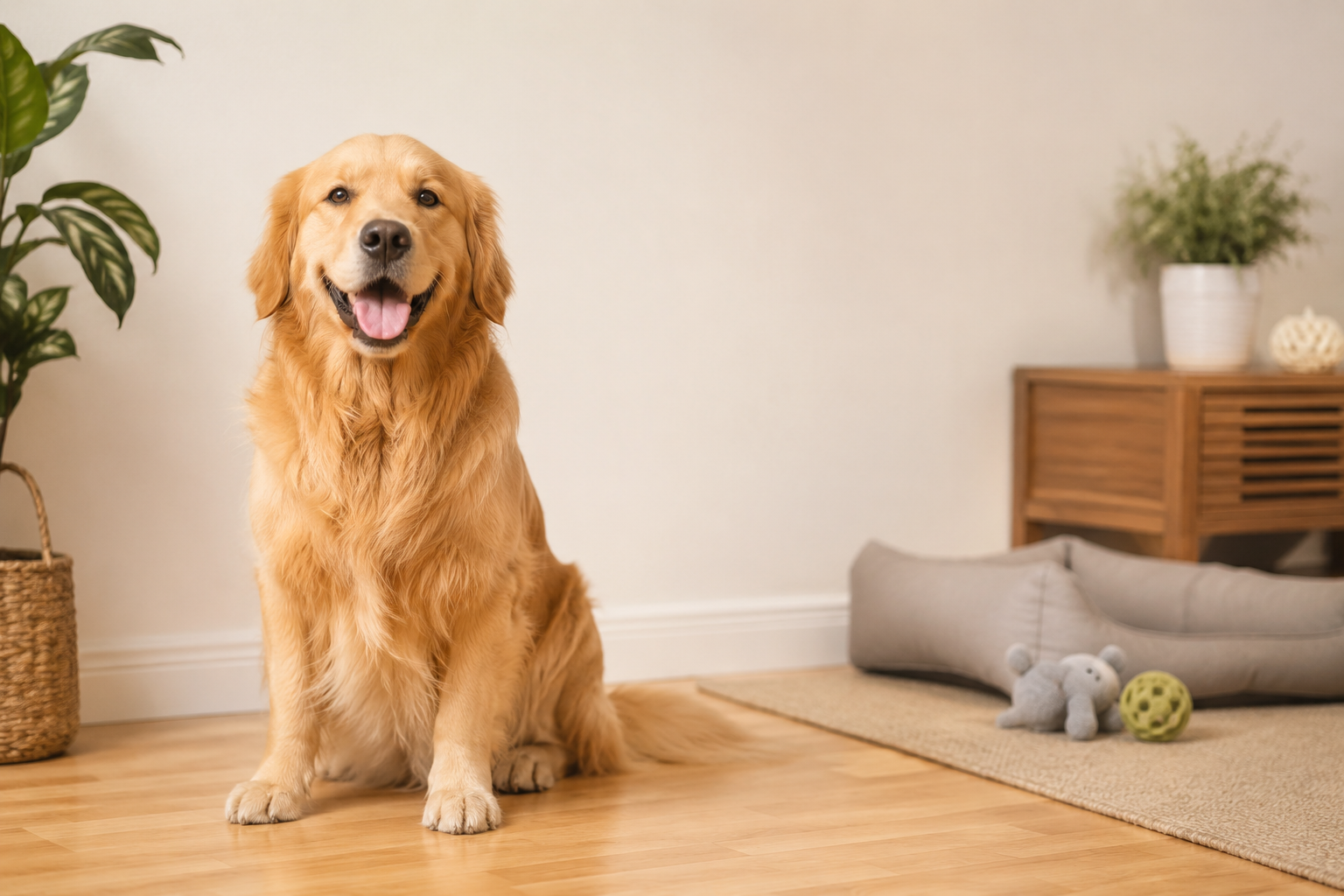 Golden retriever resting on a light rug