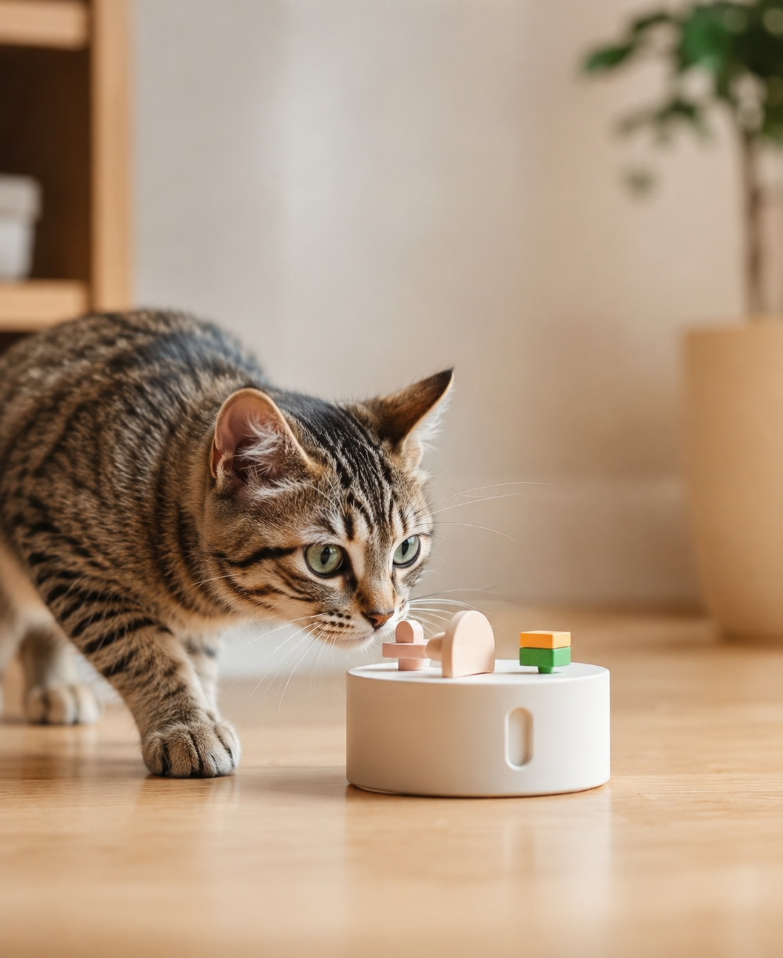 Cat playing with a modern interactive enrichment toy