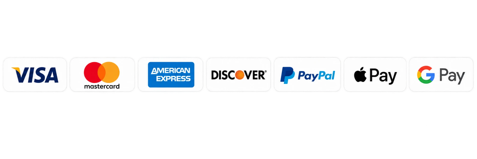 Accepted payment methods: Visa, Mastercard, American Express, Discover, PayPal, Apple Pay and Google Pay