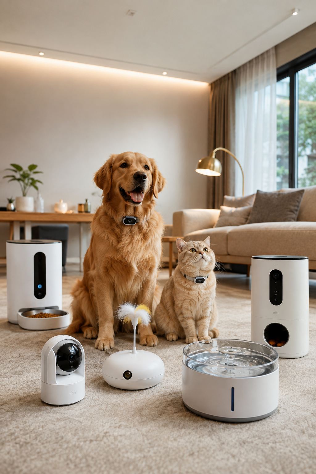 Dog and cat beside smart pet gadgets such as a feeder and water fountain