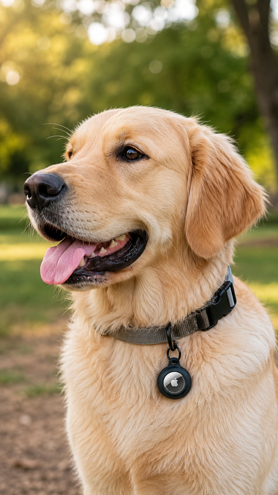 Dog wearing a collar with a tracker attached for everyday walks