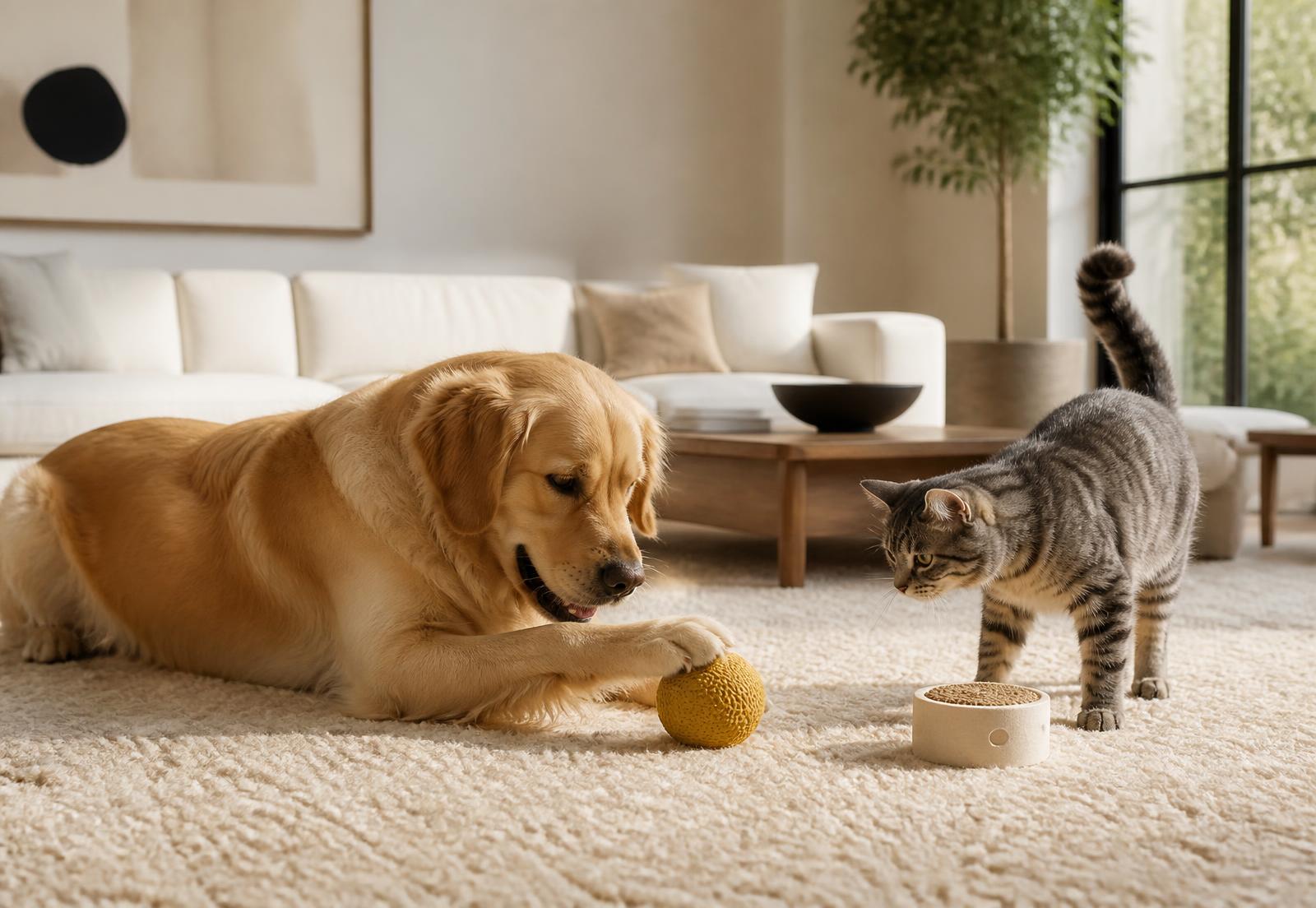 Cat batting at an interactive toy in a bright living room